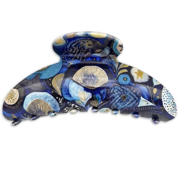 Pince cheveux colorée bleue et dorée – Modèle 10,5 cm – Design floral artistique