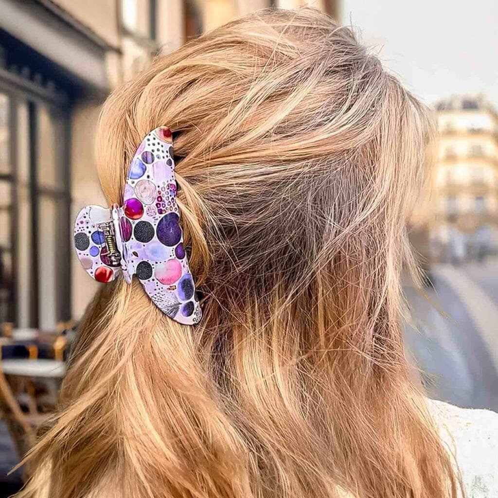 Pinces à cheveux fantaisie – Design artistique violet et doré | ClawMeUp Paris