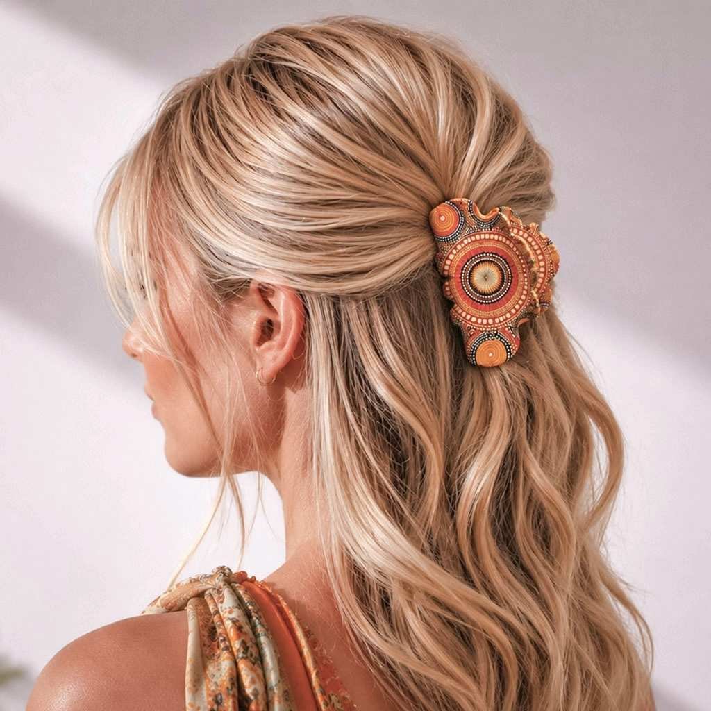 pince cheveux crabe chic ClawMeUp orange portée sur chevelure blonde