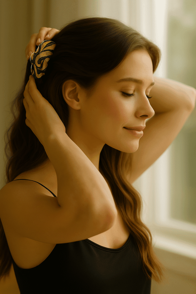 Femme réalisant une coiffure bohème chic cheveux mi long avec une pince ClawMeUp noire et dorée.