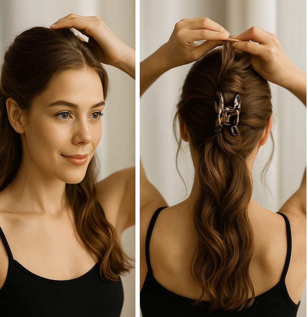 Femme attachant ses cheveux longs avec une pince noire et dorée ClawMeUp, effet coiffé chic et naturel en un geste simple.