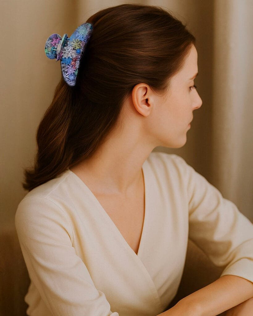 Femme de profil portant une pince à cheveux originale ClawMeUp au motif coloré, coiffure semi-attachée, ambiance douce et naturelle