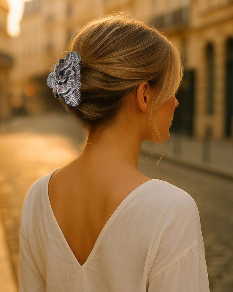 Accessoires cheveux Paris – Femme élégante portant une pince python ClawMeUp