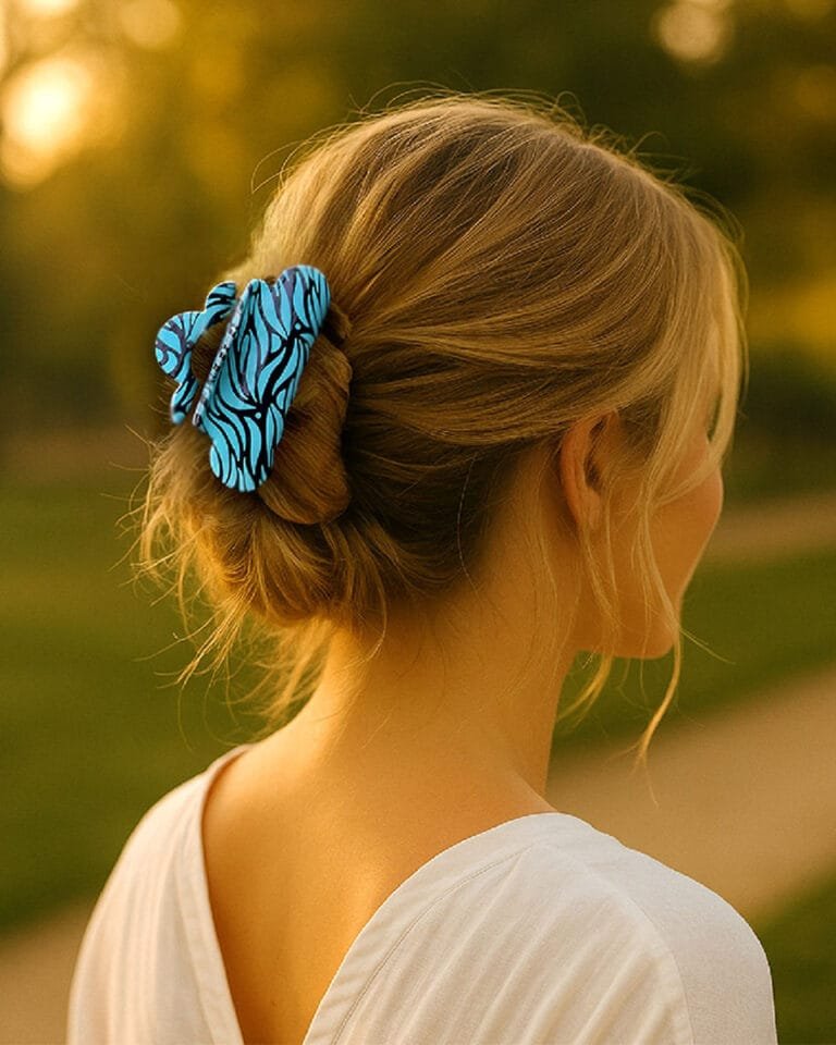Femme blonde coiffée d’un chignon bas maintenu par une pince cheveux femme chic turquoise et noire dans un parc