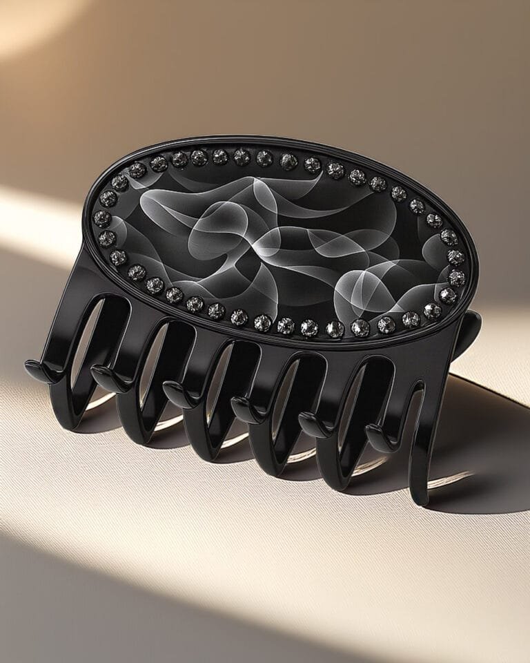 Pince à cheveux noire avec motif graphique et strass, accessoire cheveux luxe pour femme élégante