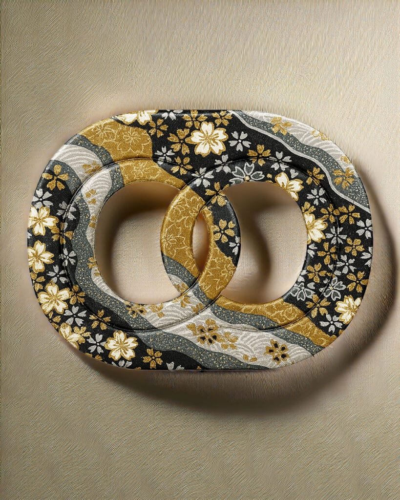 Pince japonaise originale inspirée des motifs Kanzashi en noir, doré et ivoire