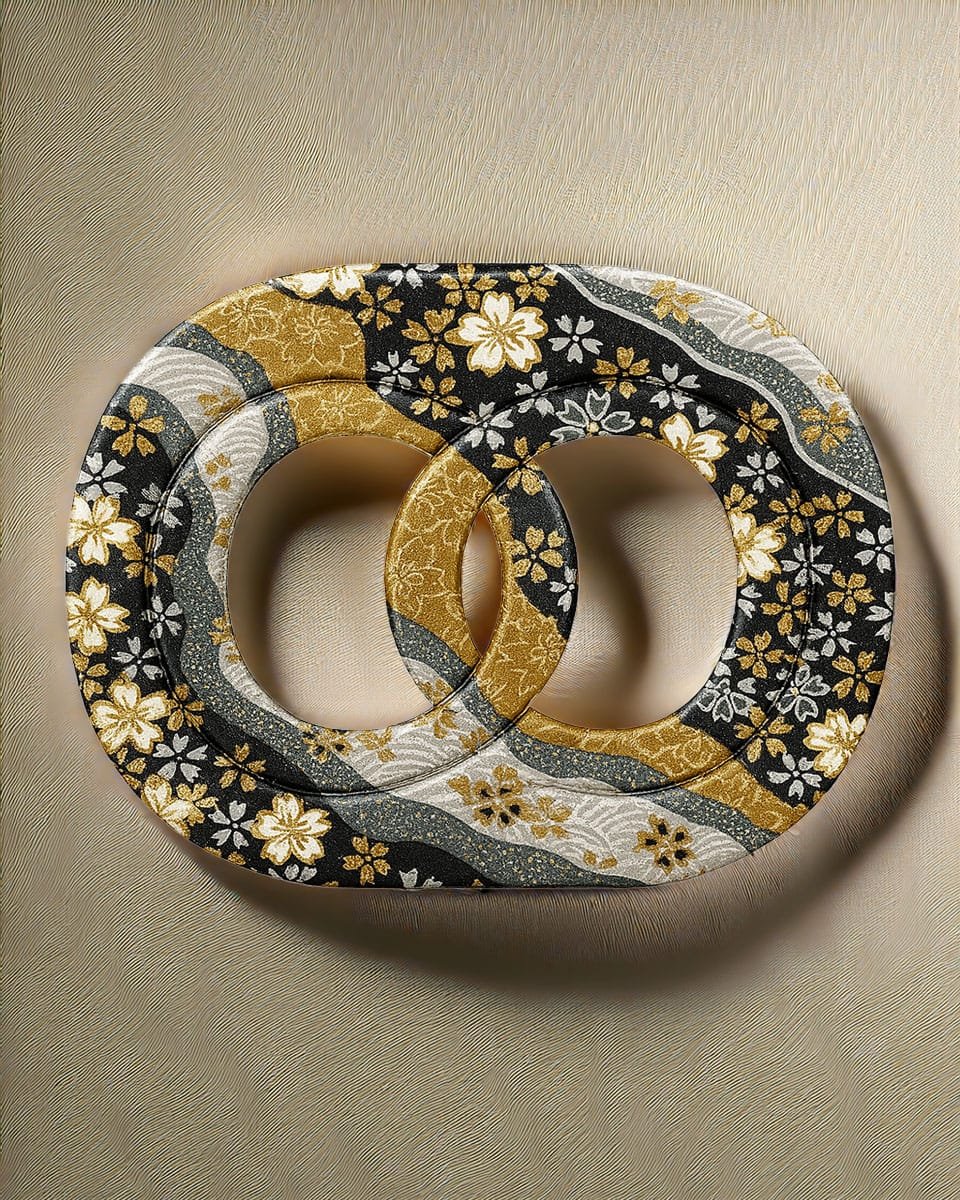 Pince japonaise originale inspirée des motifs Kanzashi en noir, doré et ivoire