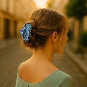 Femme élégante de dos dans une rue parisienne portant une pince à cheveux bleue florale ClawMeUp sur un chignon tressé