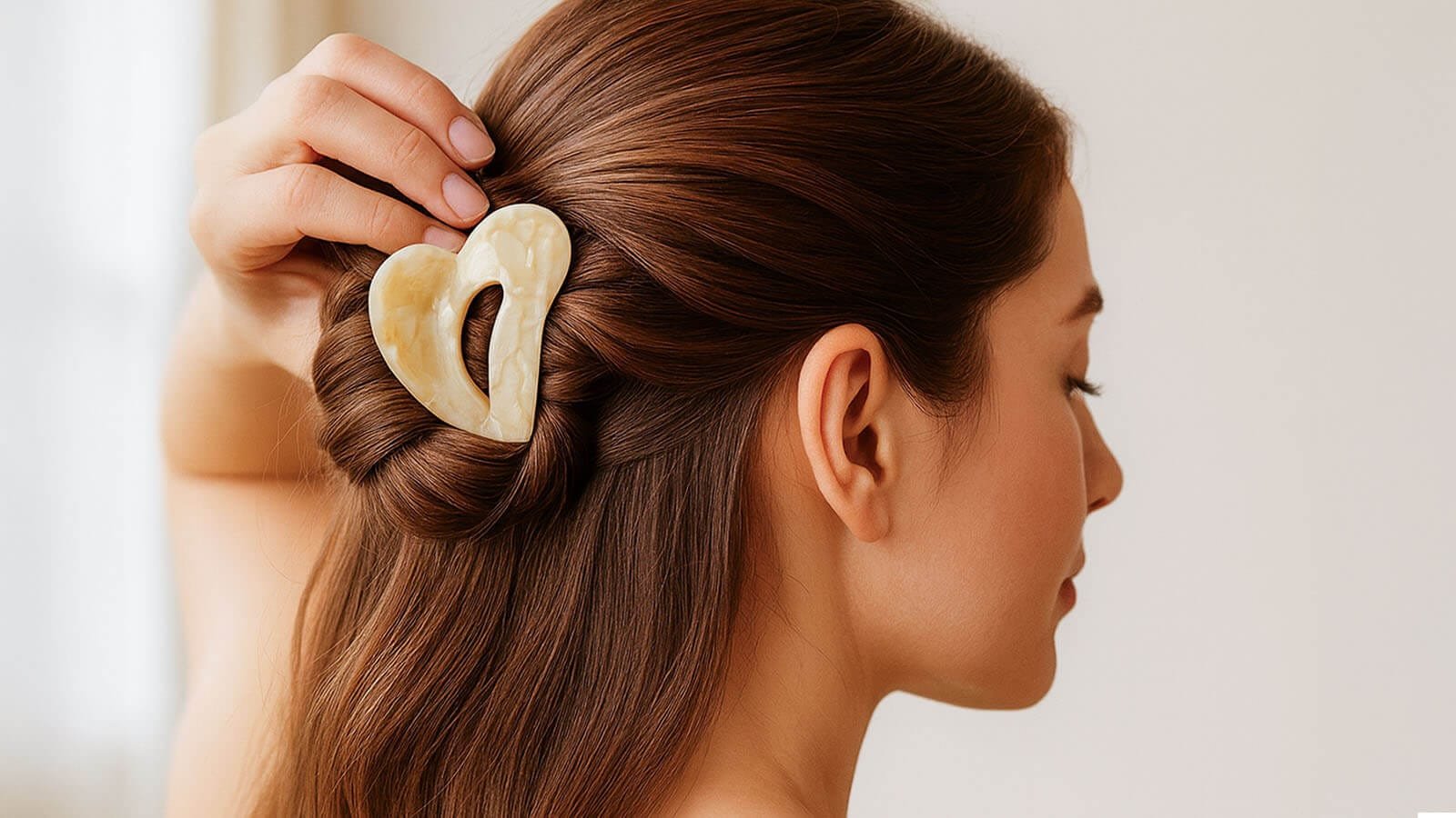 Pince à cheveux en acétate tenant fermement un demi-queue, lumière naturelle, ambiance éco-chic