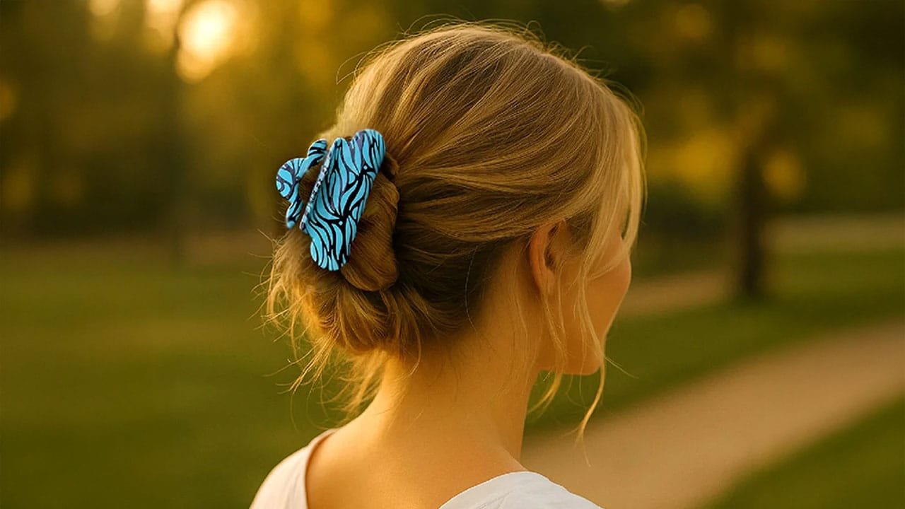 Modèle de dos portant une pince à cheveux ClawMeUp en acétate bleue, ambiance naturelle