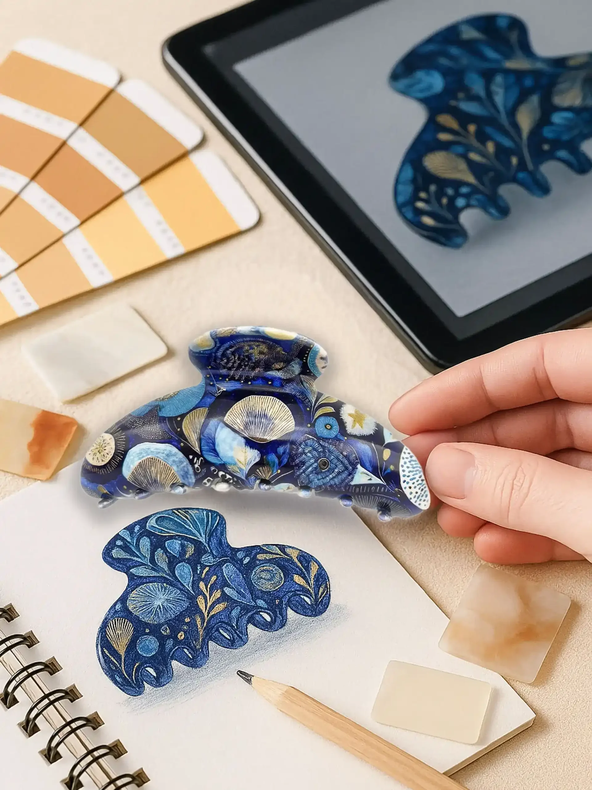 Pince à cheveux bleue ClawMeUp sur carnet de croquis – création sur-mesure haut de gamme