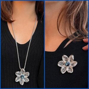 Collier fleur argent femme porté en pendentif long et en broche sur vêtement