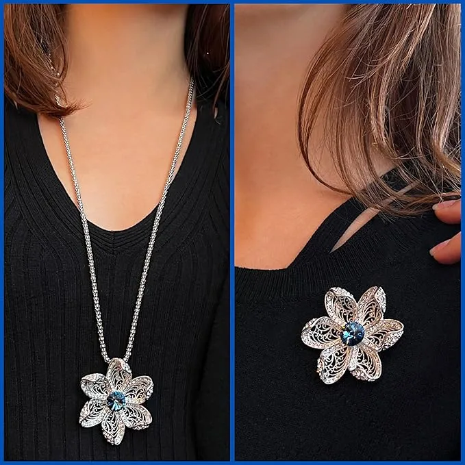 Collier fleur argent femme – Pendentif long 2-en-1 broche élégante en acier inoxydable — vue 2