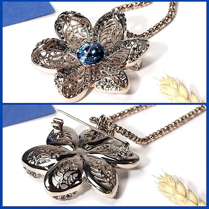 Collier fleur bronze pendentif 6 pétales convertible broche