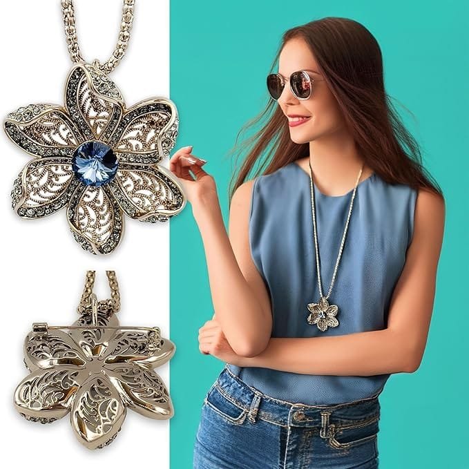 Collier pendentif fleur femme en acier inoxydable bronze avec pierre bleue, porté par une femme