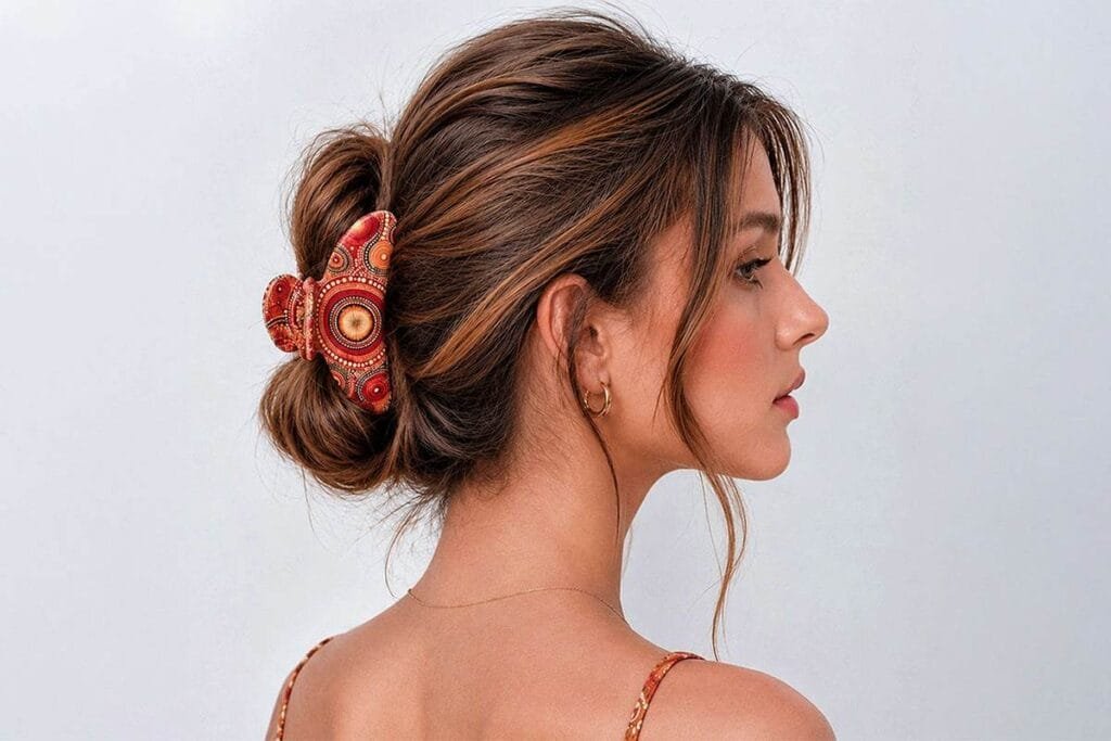 Pince cheveux longs style en acétate de cellulose rouge aux motifs mosaïque, portée sur chignon décontracté — ClawMeUp Paris