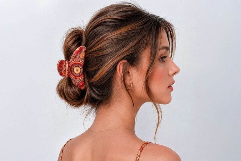 Pince cheveux longs style en acétate de cellulose rouge aux motifs mosaïque, portée sur chignon décontracté — ClawMeUp Paris