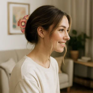 Femme portant la Pince Harmonie Solaire pour cheveux longs