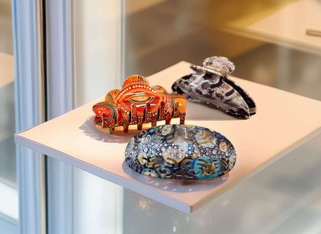 Pinces à cheveux en acétate premium ClawMeUp — modèles artisanaux présentés pour revendeurs.