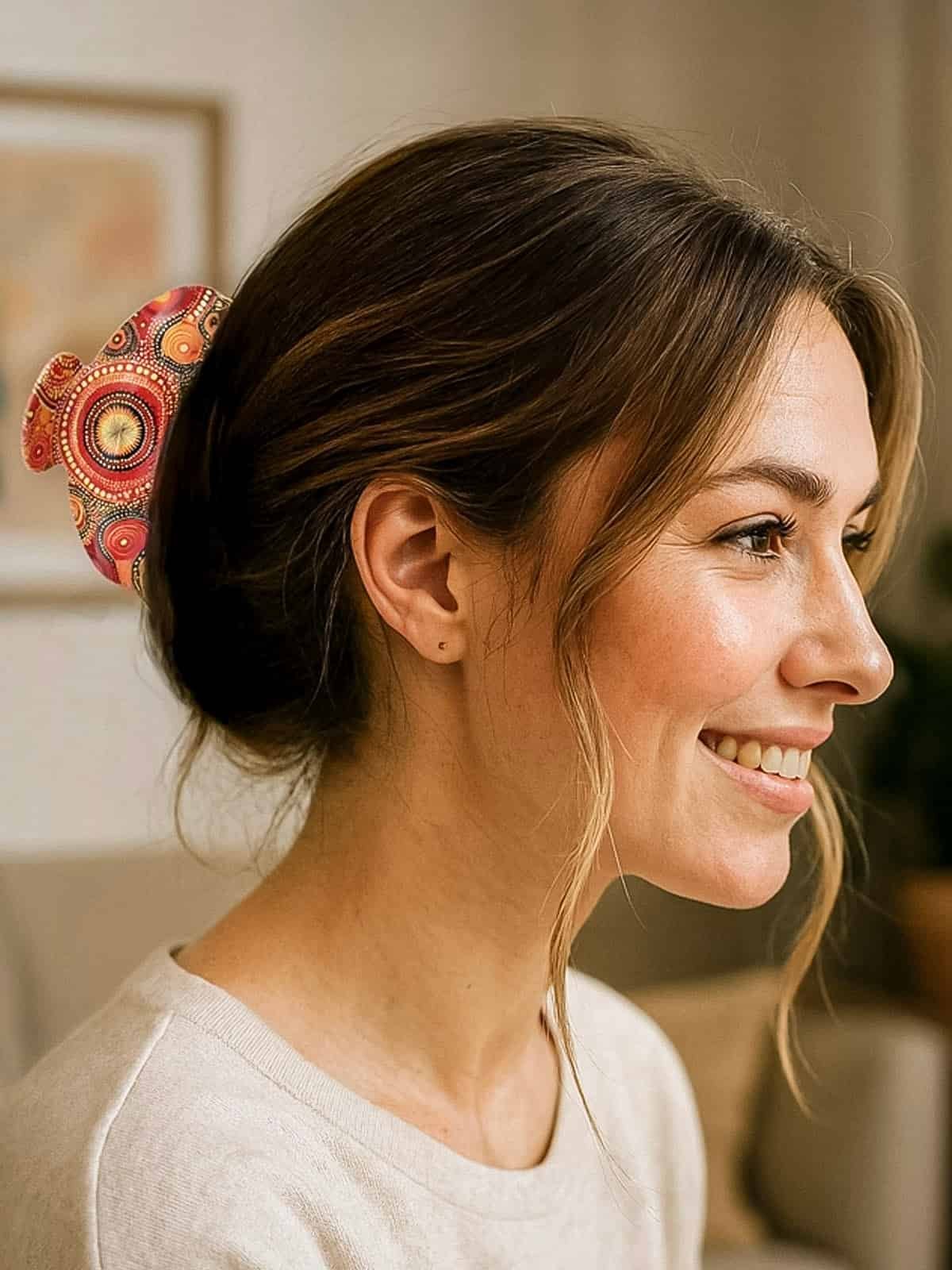 Femme coiffée avec une pince à cheveux ClawMeUp en acétate coloré