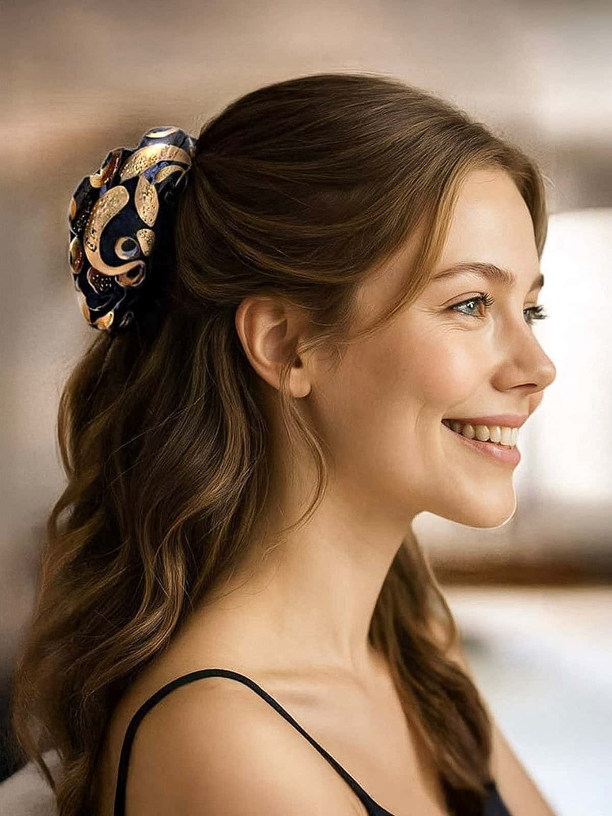 Femme portant une pince à cheveux ClawMeUp noire et dorée dans une coiffure élégante