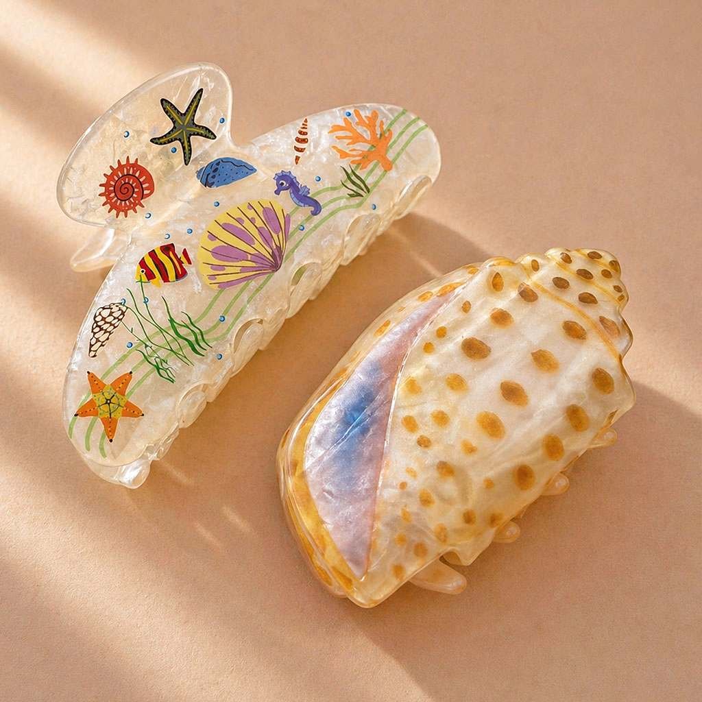 Duo Pinces à Cheveux Esprit Marin — Coquillage Nacré & Aquarium