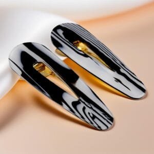 Duo pinces à cheveux plates ovales acétate noir damier mécanisme doré — ClawMeUp