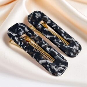 Duo pinces plates rectangulaires acétate noir damier mécanisme doré — ClawMeUp