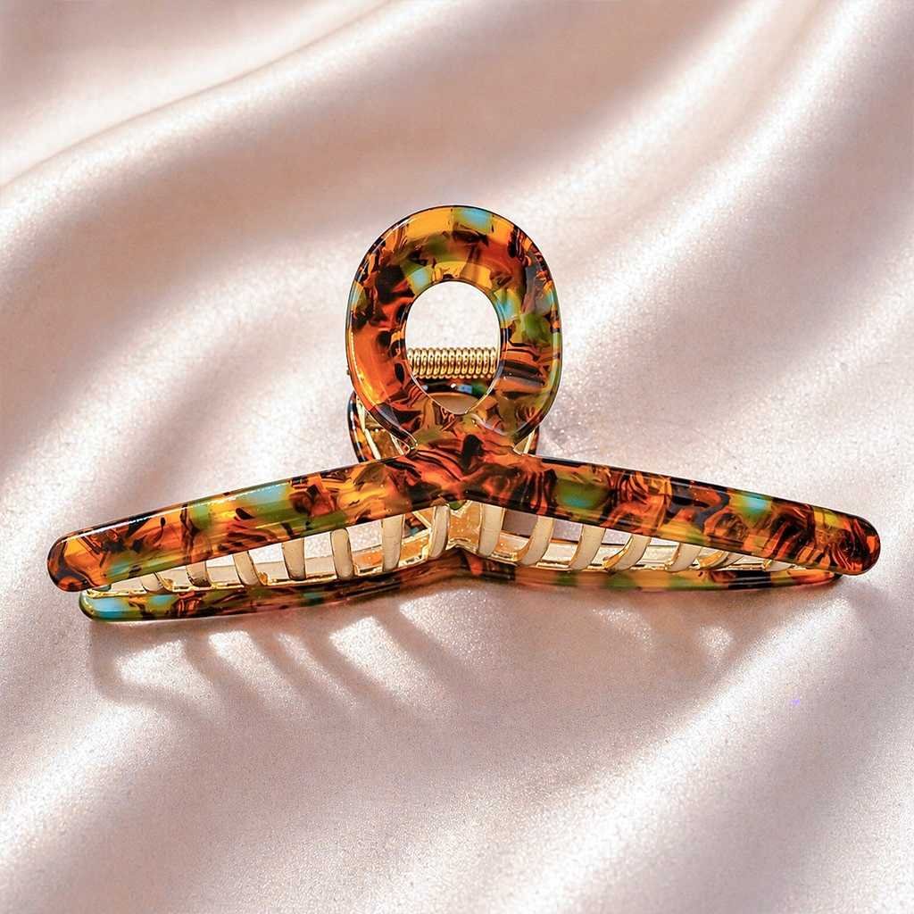 Grande pince cheveux épais à anneau — Acétate & Acier doré