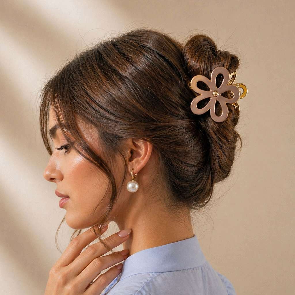 Grande pince cheveux fleur ajourée brun écaille portée en chignon structuré — ClawMeUp