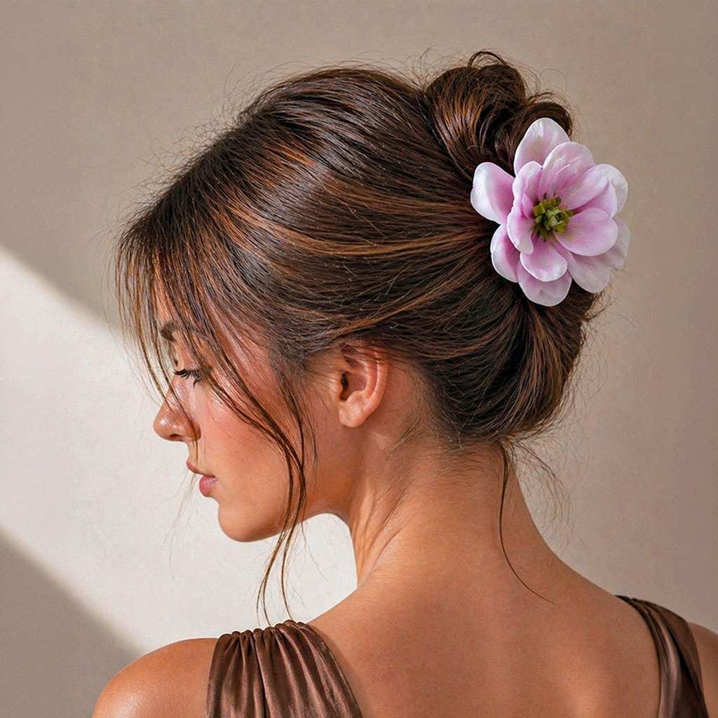 Pince à cheveux fleur volumineuse lilas portée en chignon — lot pinces à cheveux fleurs ClawMeUp Paris