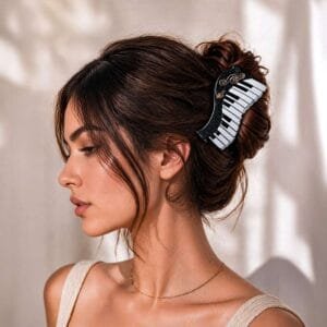 Pince à cheveux originale piano à queue portée en chignon bas cheveux bruns — ClawMeUp