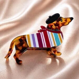 Pince à cheveux originale teckel rayé multicolore béret noir acétate écaille ambre — ClawMeUp