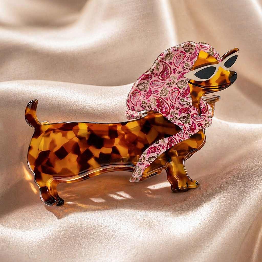 Pince à cheveux originale teckel veste florale — Acétate écaille