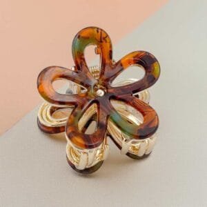 Pince à cheveux fleur ajourée acétate brun écaille cuivré monture dorée — ClawMeUp