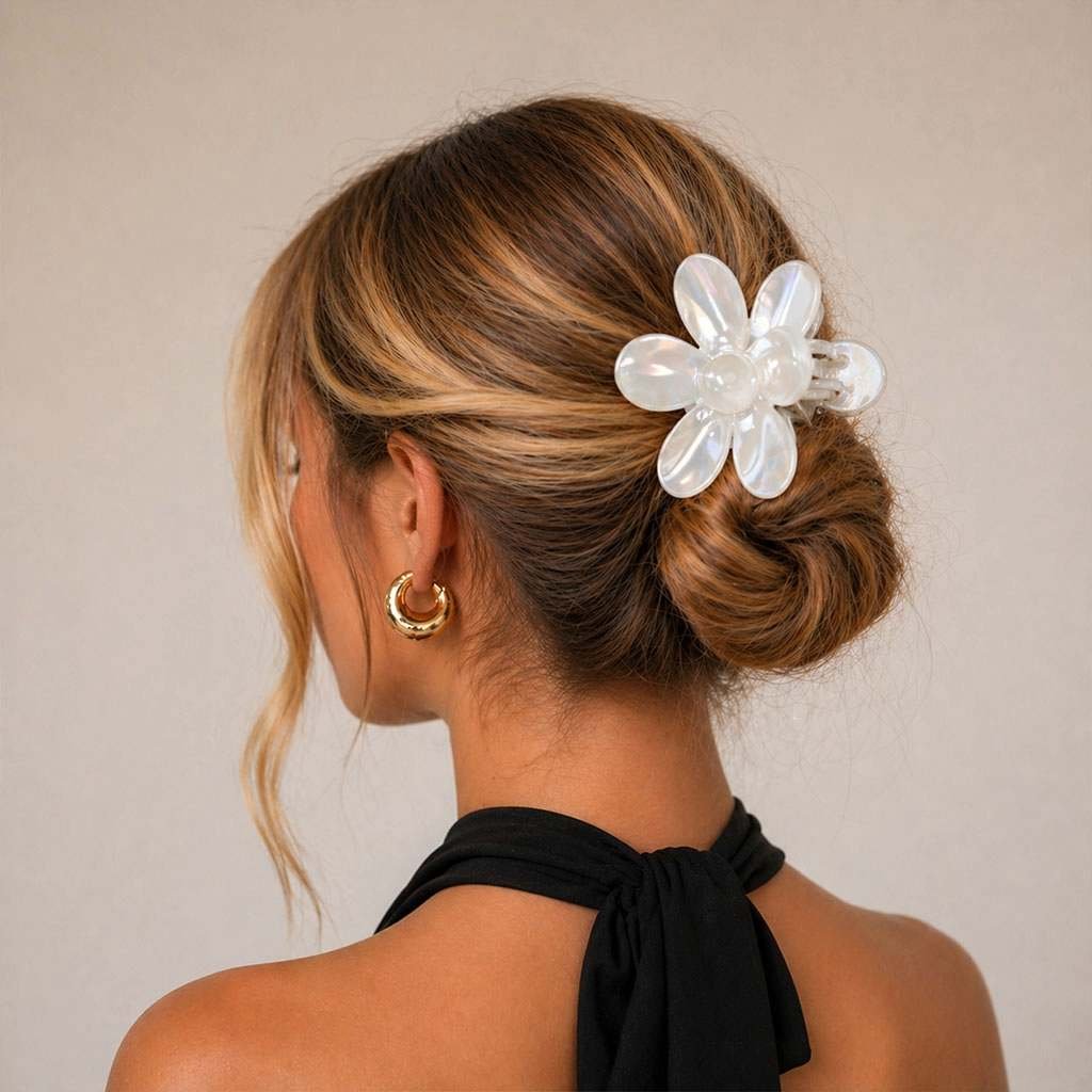 Pince fleur cheveux mariage blanc nacré sur chignon élégant — ClawMeUp