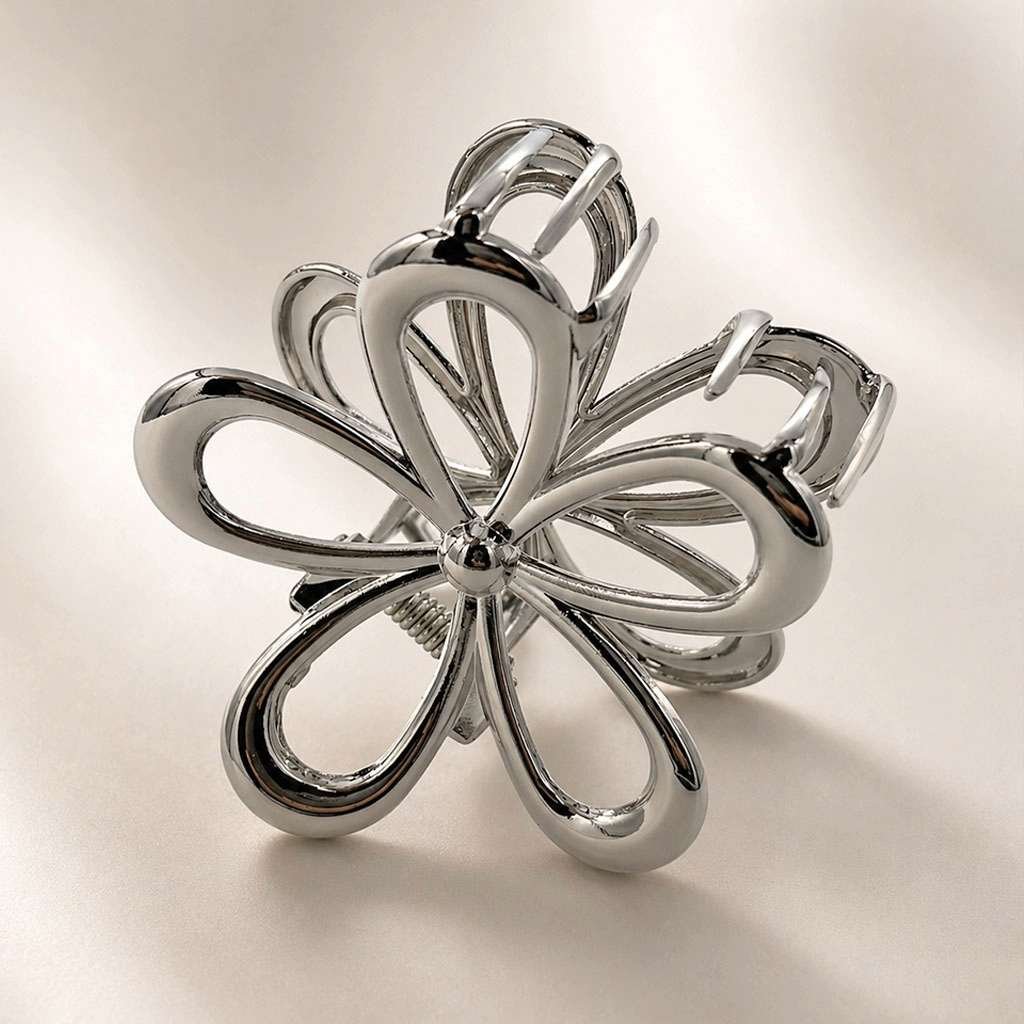 Pince à cheveux fleur métal argentée acier inoxydable