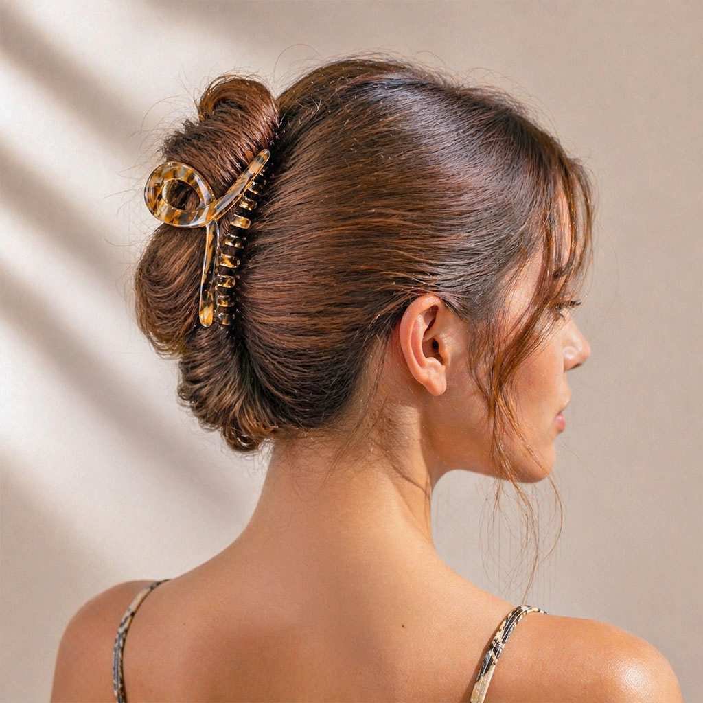 Pince à cheveux longue anneau acétate écaille miel portée en chignon haut cheveux bruns — CMU-LEA-01 ClawMeUp