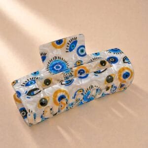 Pince à cheveux nazar œil protecteur — résine blanc nacré motif yeux bleus et dorés — CMU-EYE-01 ClawMeUp Paris