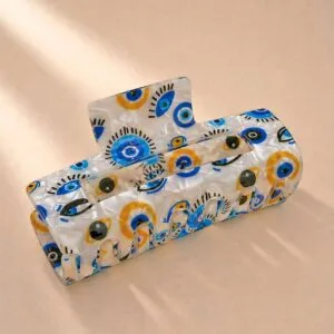 Pince à cheveux nazar œil protecteur — résine blanc nacré motif yeux bleus et dorés — CMU-EYE-01 ClawMeUp Paris