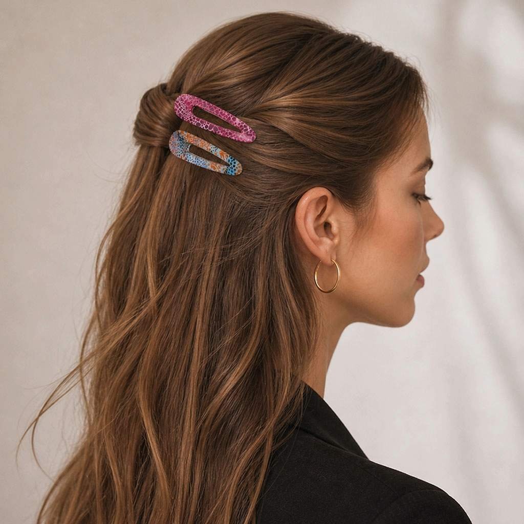 Barrettes à cheveux plates portées en demi-queue, coloris Camaïeux Rosés et Bleus Envoûtants, cheveux longs ondulés — ClawMeUp Paris
