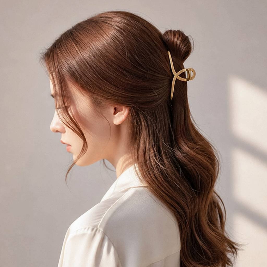 Petite pince cheveux metal dore portee en coiffure cheveux longs — style elegant ClawMeUp