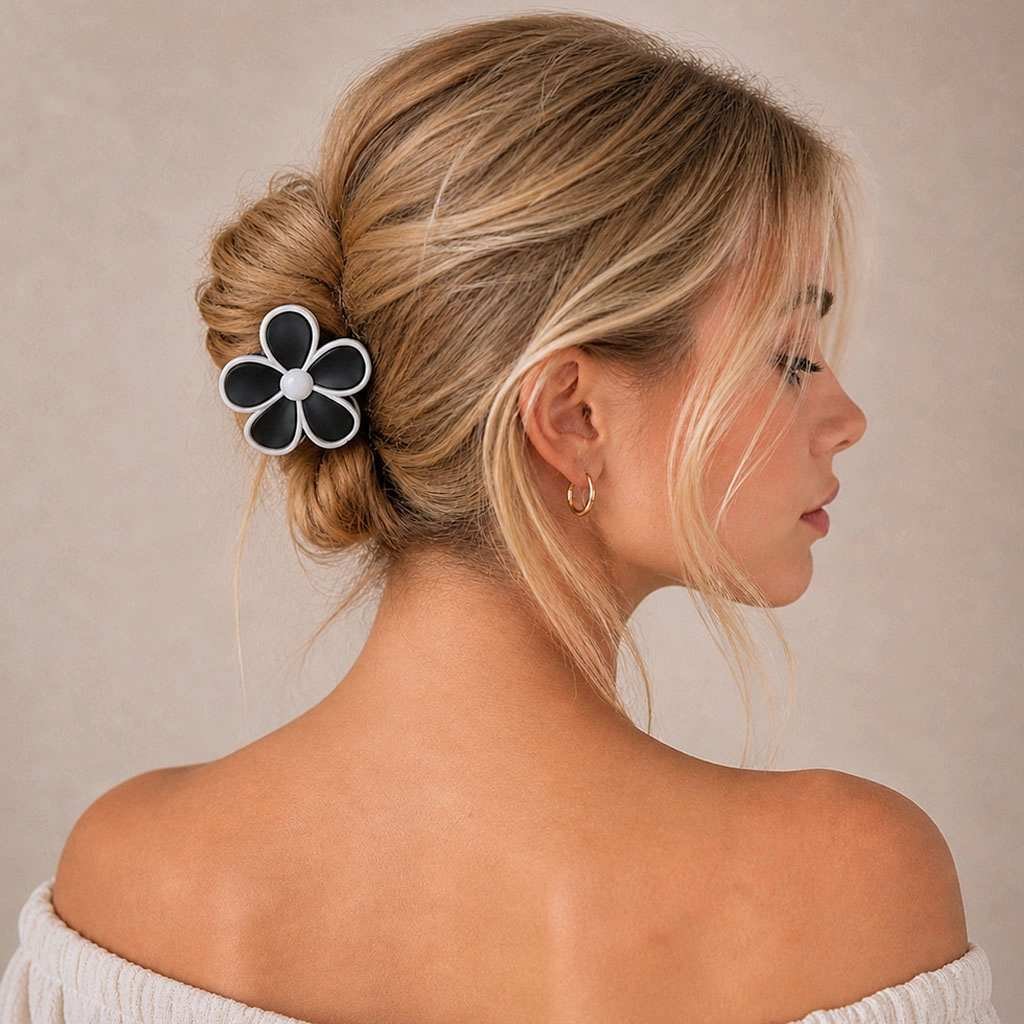 Pince à cheveux fleur noir et blanc sur chignon bas de cérémonie — ClawMeUp