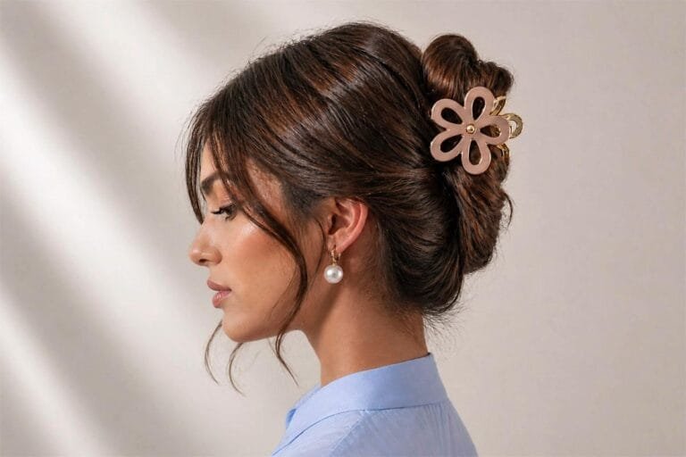 Femme de profil portant un chignon élégant maintenu par une pince à chignon fleur beige et dorée, coiffure tenue du matin au soir