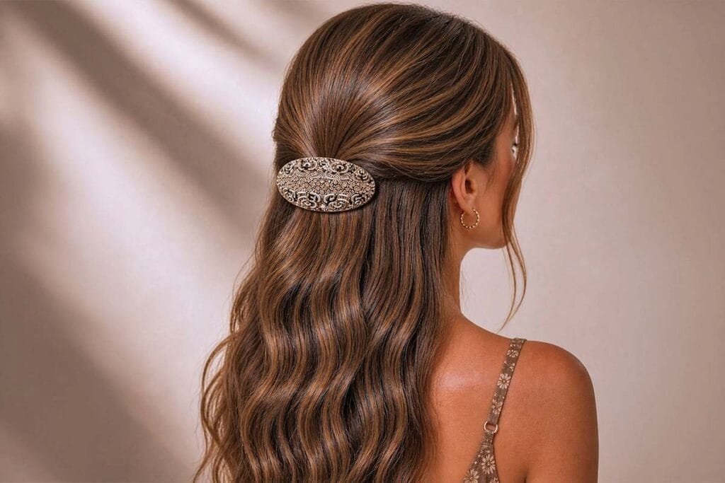 Pince à cheveux élégante en acétate premium, motif filigrane doré, portée en demi-queue – ClawMeUp