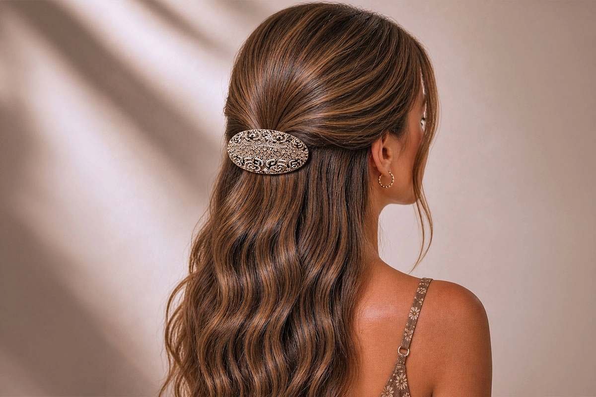 Pince à cheveux élégante en acétate premium, motif filigrane doré, portée en demi-queue – ClawMeUp