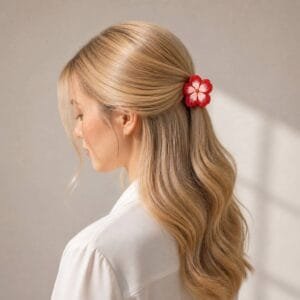 Pince à cheveux fleur glossy Rouge Cerise portée en queue de cheval, cheveux longs blonds ondulés, vue profil — ClawMeUp Paris