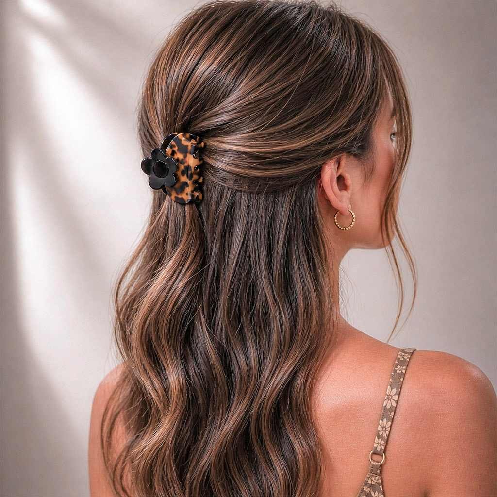 Pince à cheveux fleur noire écaille léopard portée en demi-queue sur cheveux longs ondulés — CMU-KAL-03 ClawMeUp