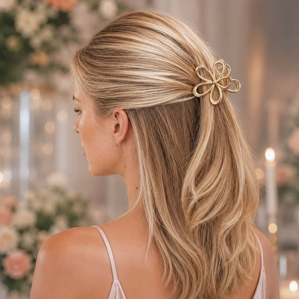 Pince à cheveux mariage fleur dorée — coiffure cérémonie romantique ClawMeUp