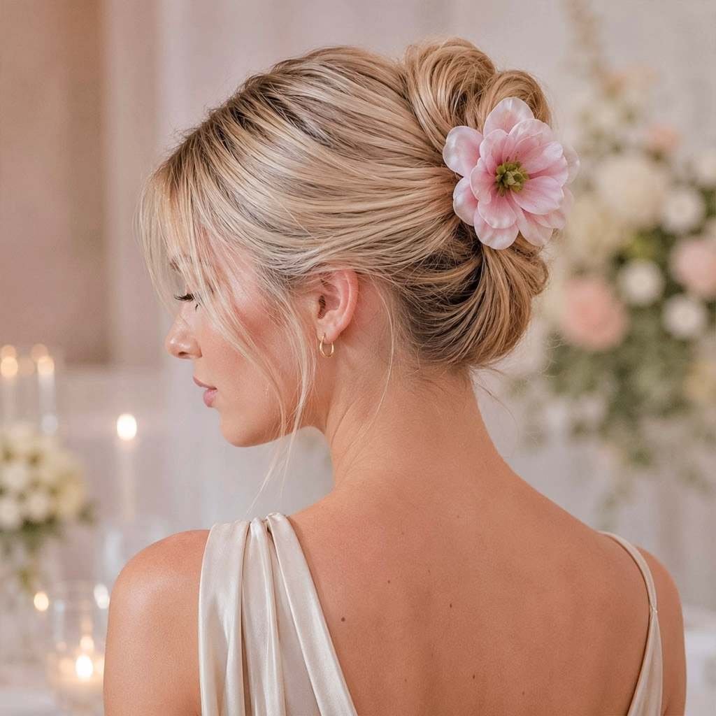 Pince à cheveux mariage fleur rose poudré — chignon élégant de mariée ClawMeUp